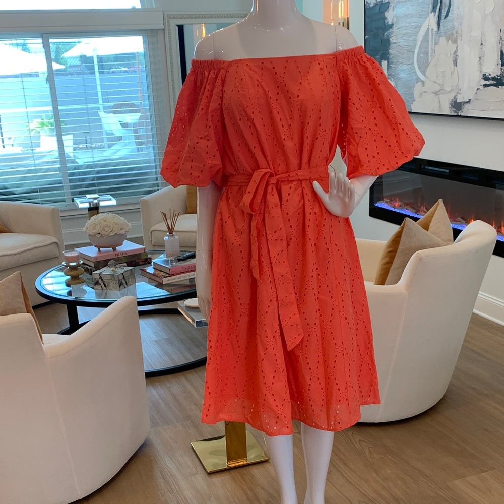 Christian Siriano Coral Off-Shoulder Eyelet Dress with Tie Waist